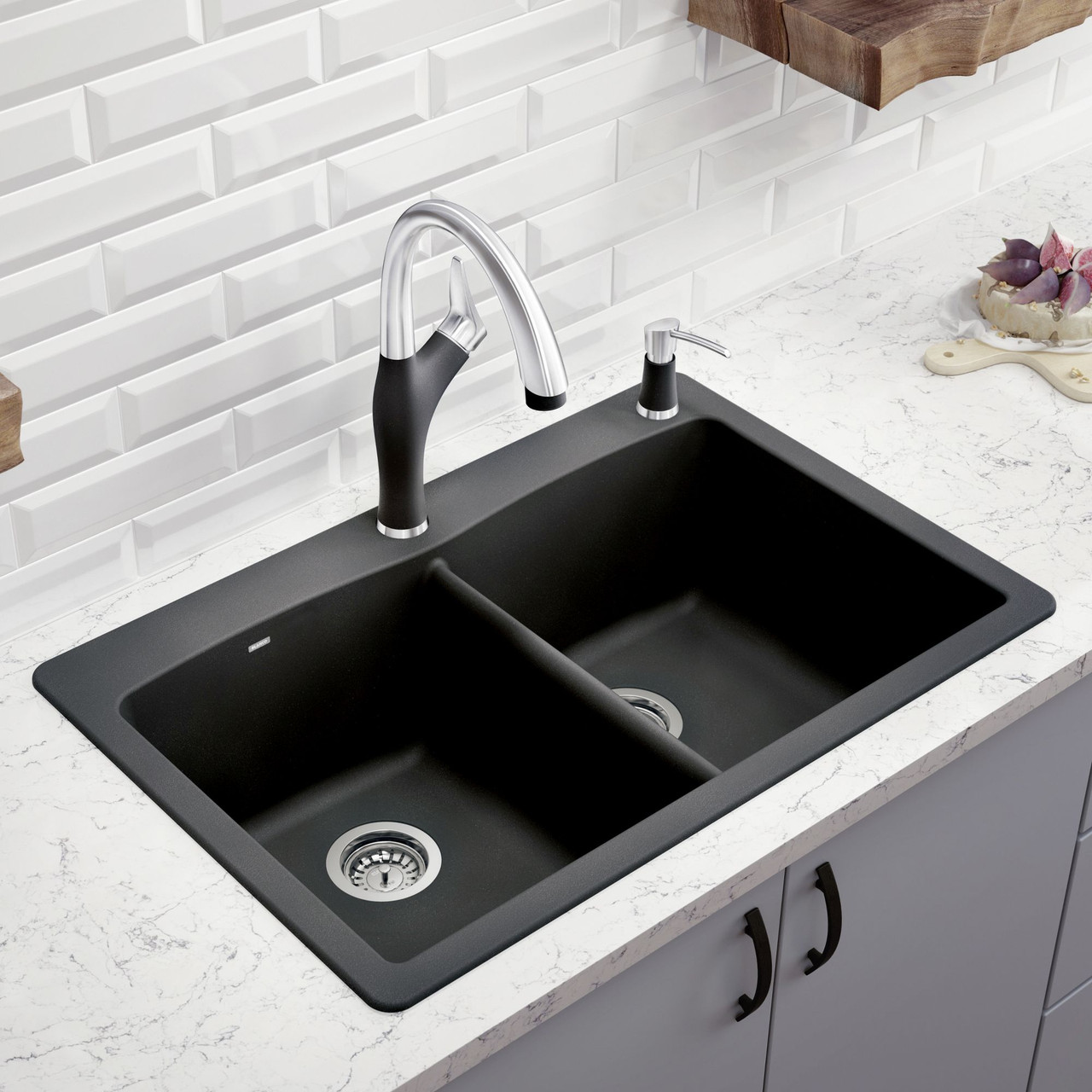 22-In X 33-In Double-Basin Granite Drop-In Or Undermount 1-Hole Residential Kitchen Sink in Anthracite