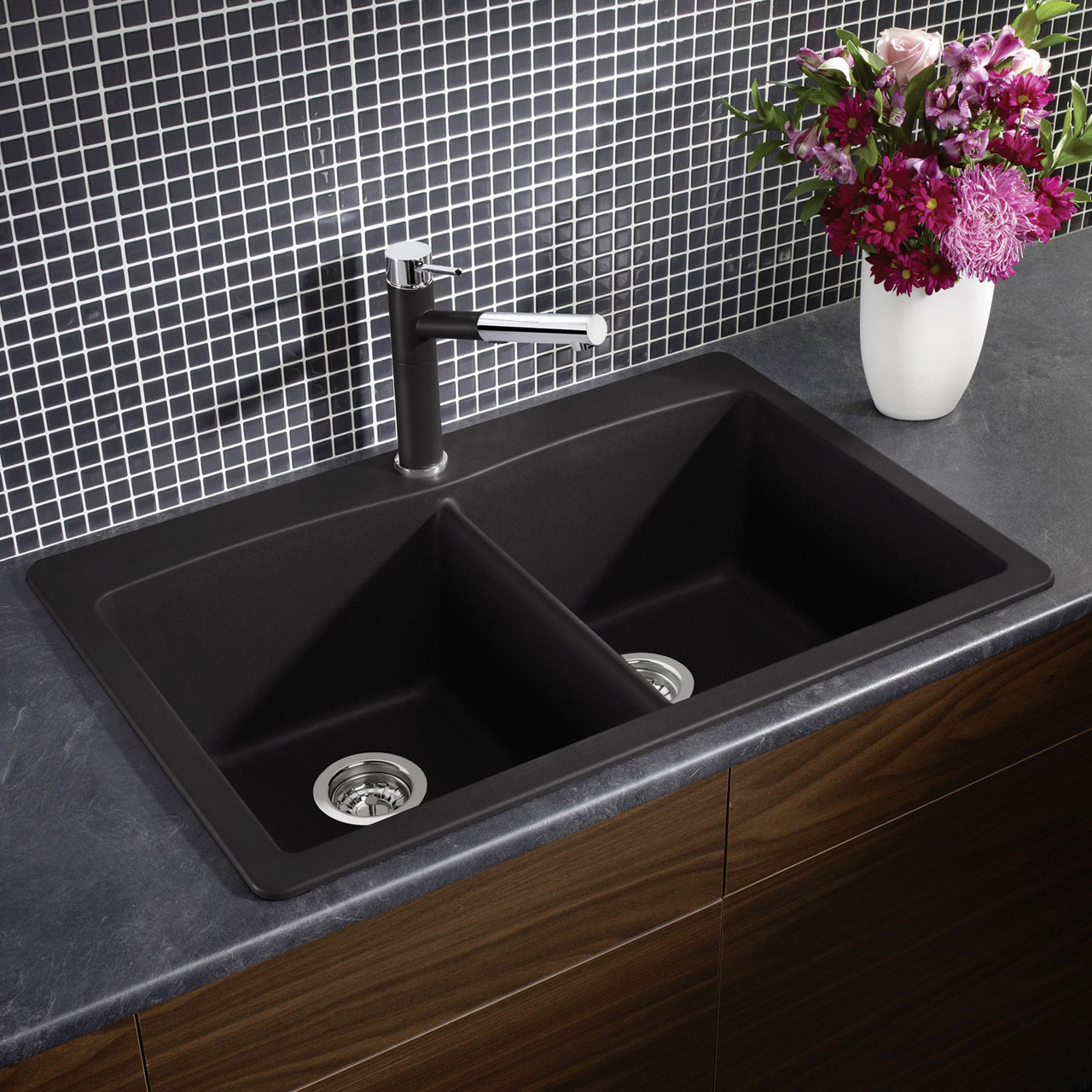 22-In X 33-In Double-Basin Granite Drop-In Or Undermount 1-Hole Residential Kitchen Sink in Anthracite