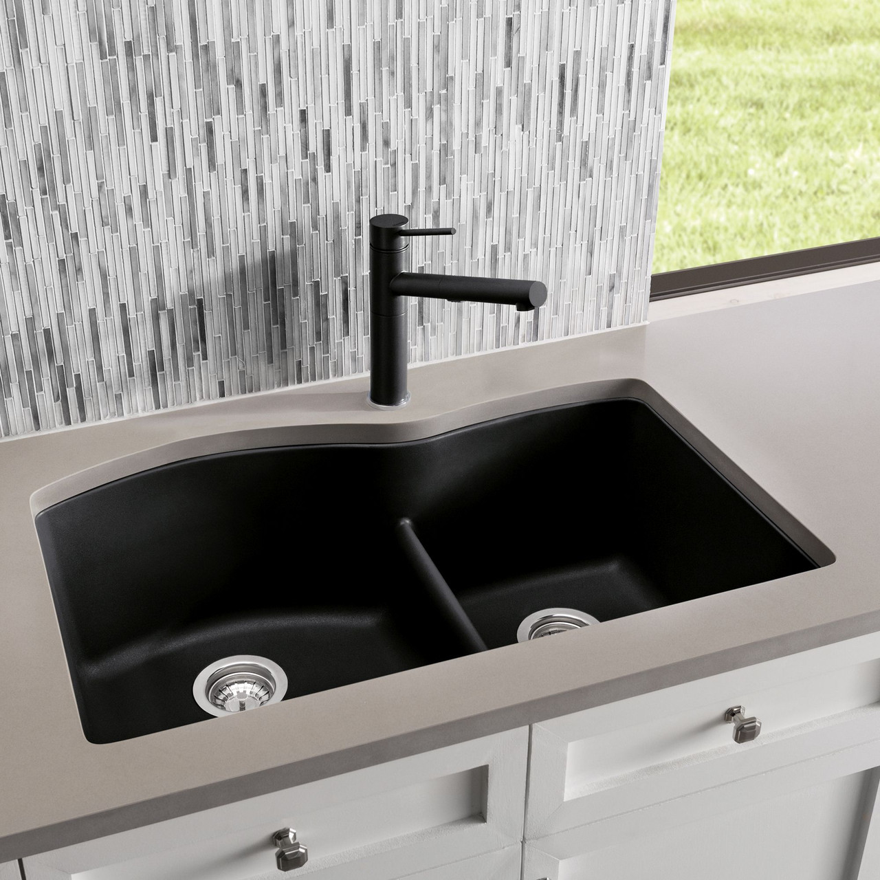 32-In X 20.875-In Double-Basin Granite Undermount 2-Hole Residential Kitchen Sink in Anthracite 32-In X 20.875-In Double-Basin Granite Undermount 2-Hole Residential Kitchen Sink in Anthracite