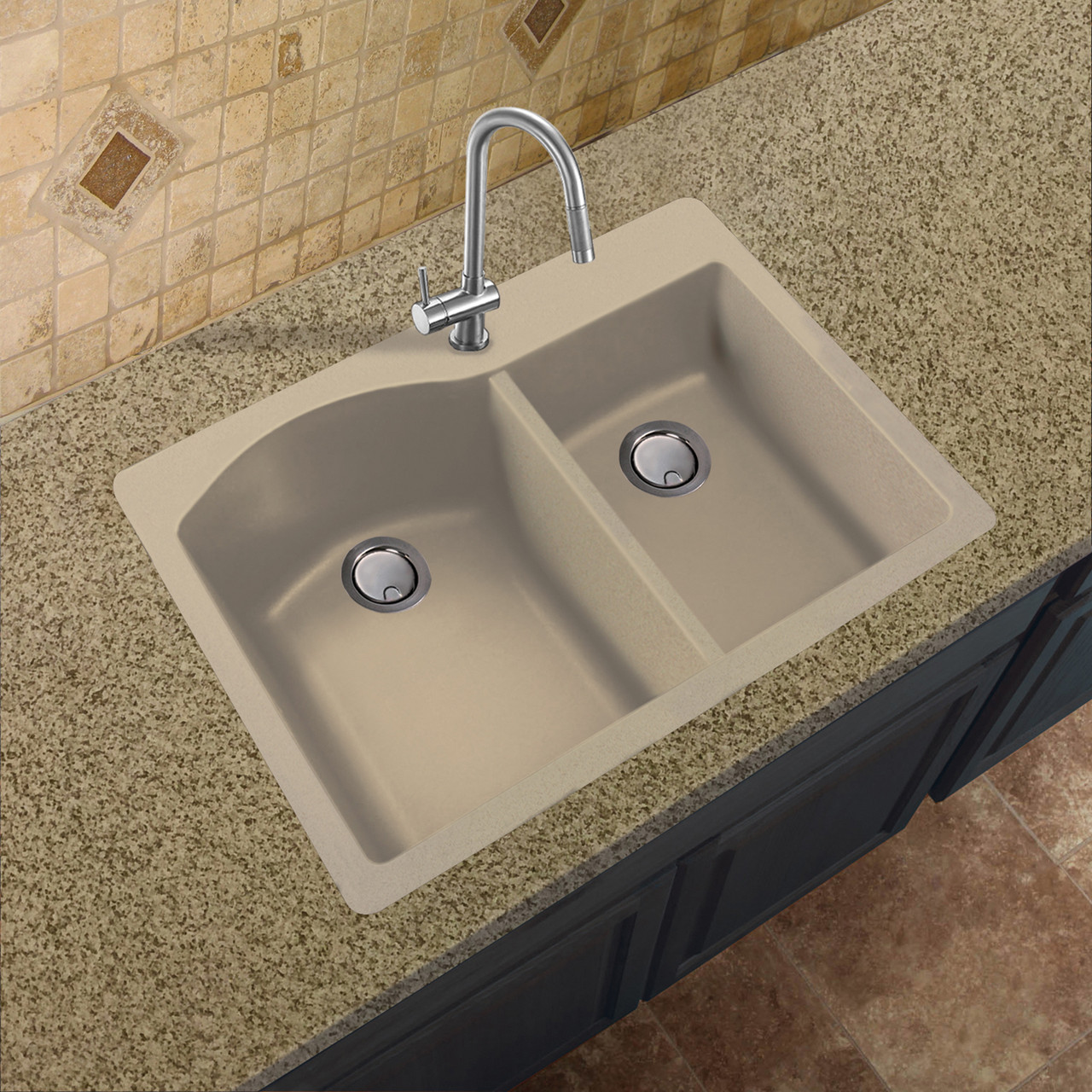 33-in X 22-in X 9.5-in silQ Granite Kitchen Sink with 1-3/4 D-Shaped Double Offset bowls, Drop-in Installation with 1 B Faucet Hole, In Cafe Latte