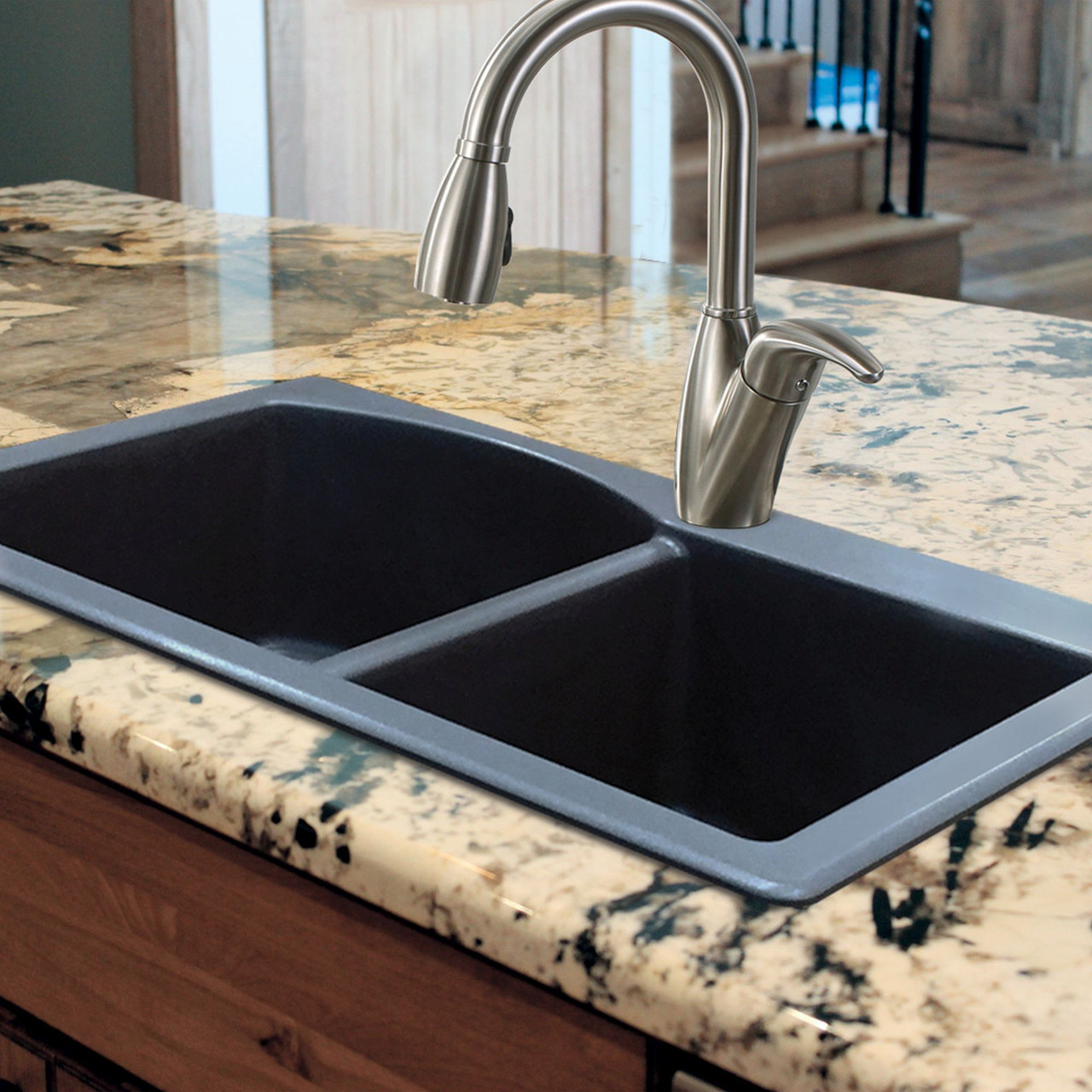 33-in X 22-in X 9.5-in silQ Granite Kitchen Sink with 1-3/4 D-Shaped Double Offset bowls, Drop-in Installation with 2 BD Faucet Holes, In Grey