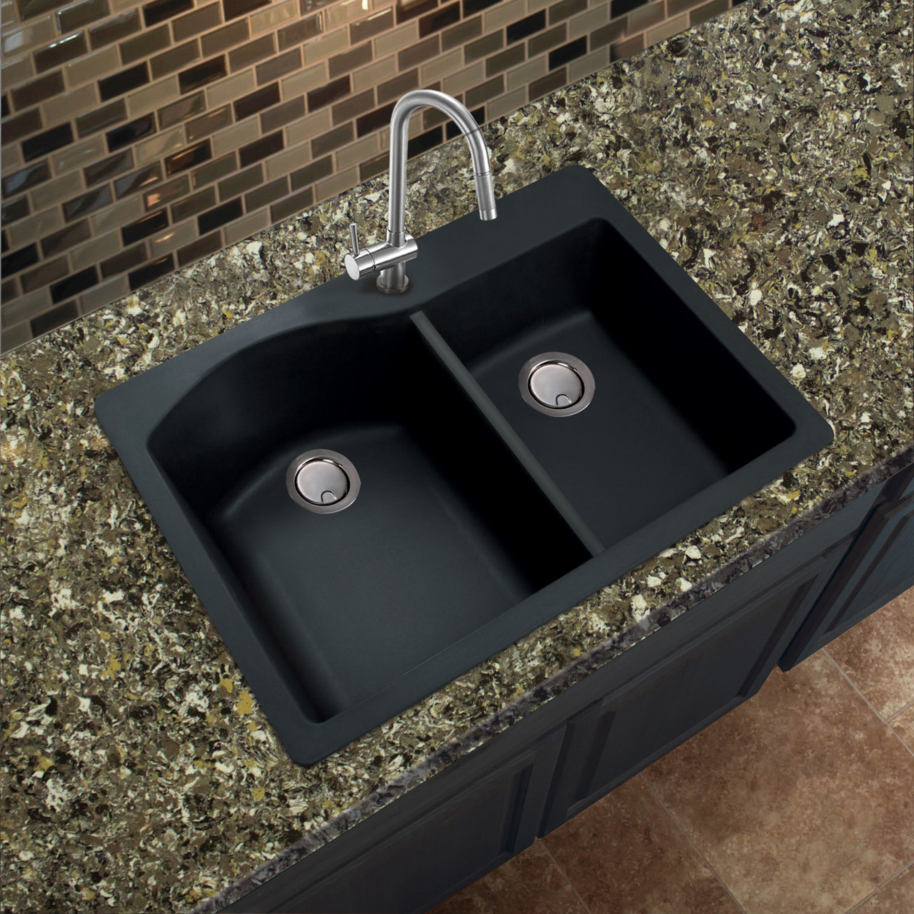 33-in X 22-in X 9.5-in silQ Granite Kitchen Sink with 1-3/4 D-Shaped Double Offset bowls, Drop-in Installation with 3 BCD Faucet Holes, In Black