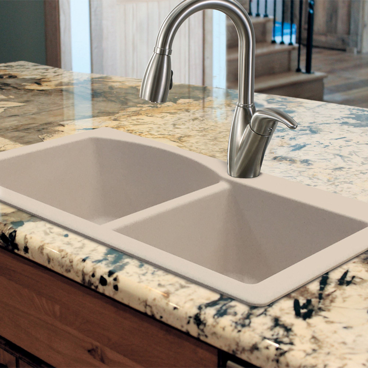 Transolid Aversa 33in x 22in silQ Granite Drop-in Double Bowl Kitchen Sink with 3 BCD Faucet Holes, In Cafe Latte