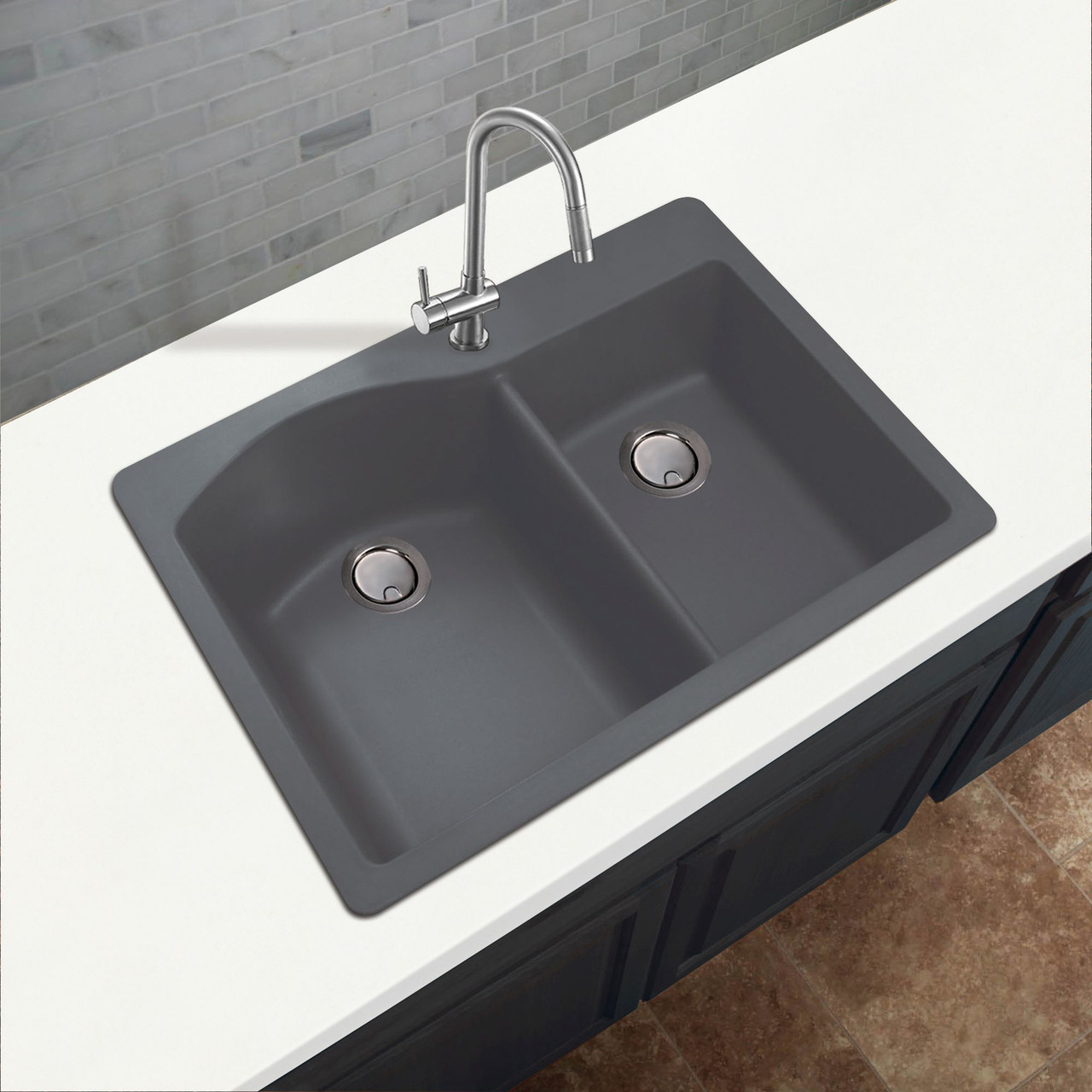 Transolid Aversa 33in x 22in silQ Granite Drop-in Double Bowl Kitchen Sink with 4 BACD Faucet Holes, In Grey