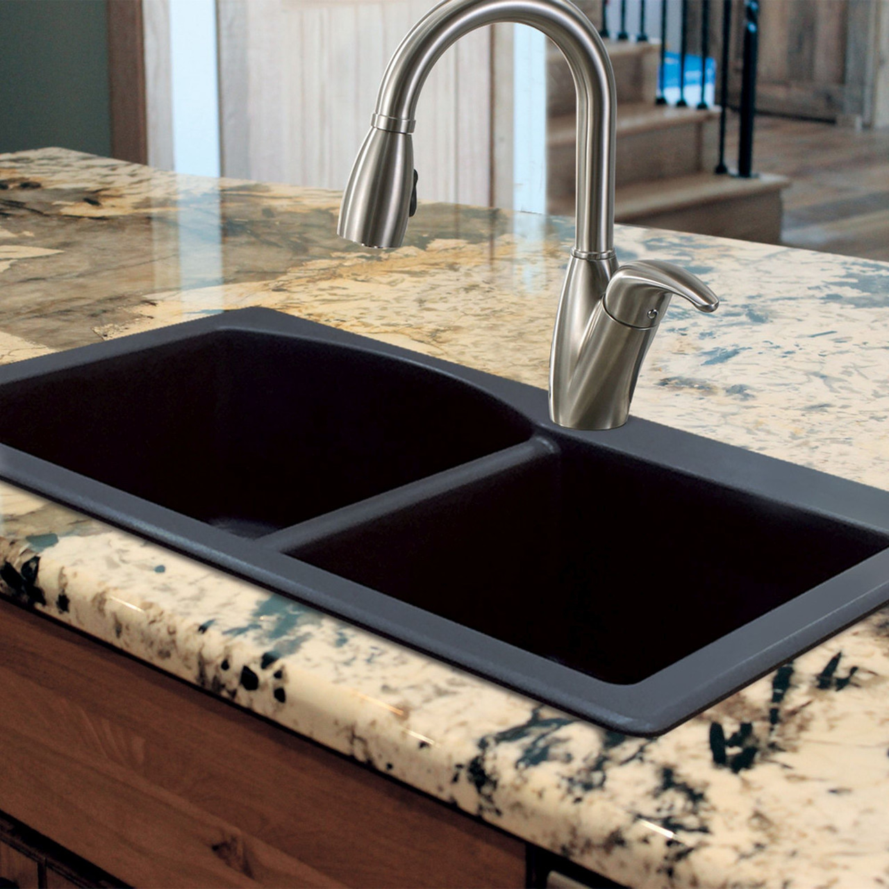 33-in X 22-in X 9.5-in silQ Granite Kitchen Sink with 1-3/4 D-Shaped Double Offset bowls, Drop-in Installation with 4 BACE Faucet Holes, In Black