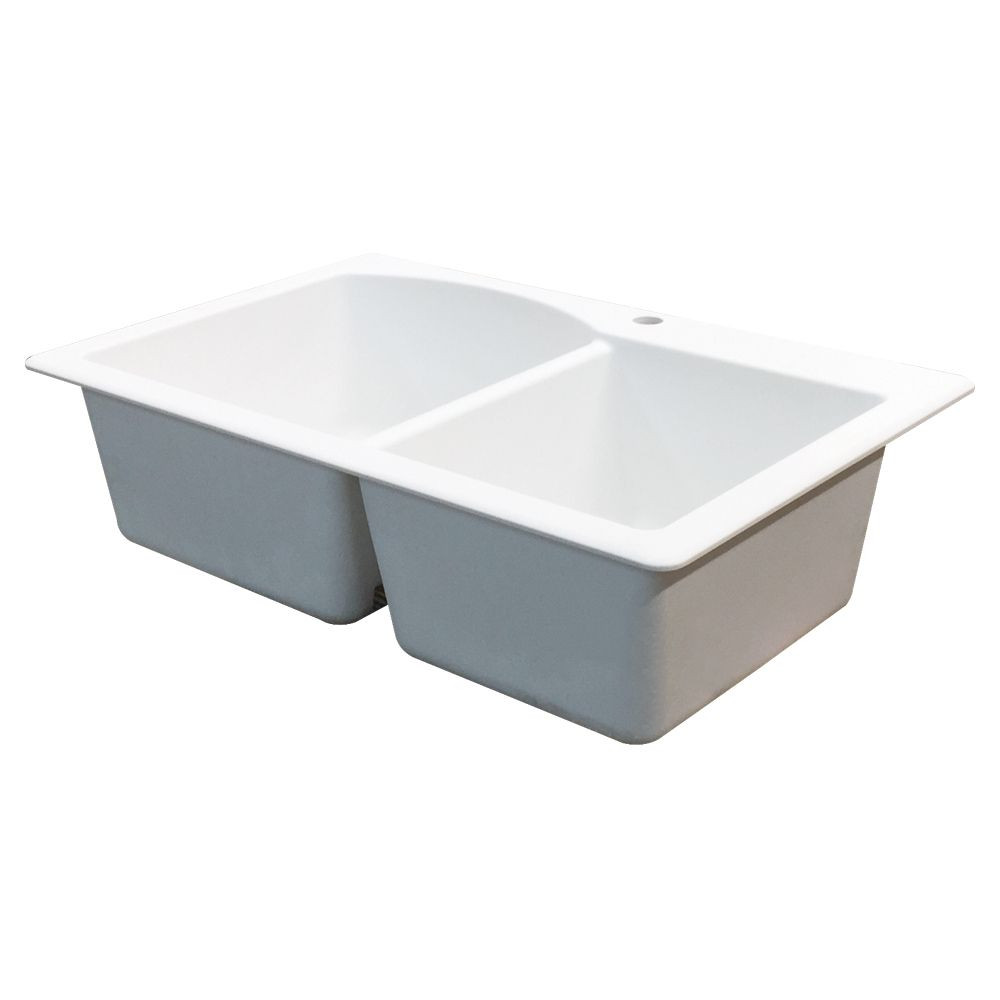 33-in X 22-in X 9.5-in silQ Granite Kitchen Sink with 1-3/4 D-Shaped Double Offset bowls, Drop-in Installation with 4 BCDE Faucet Holes, In White