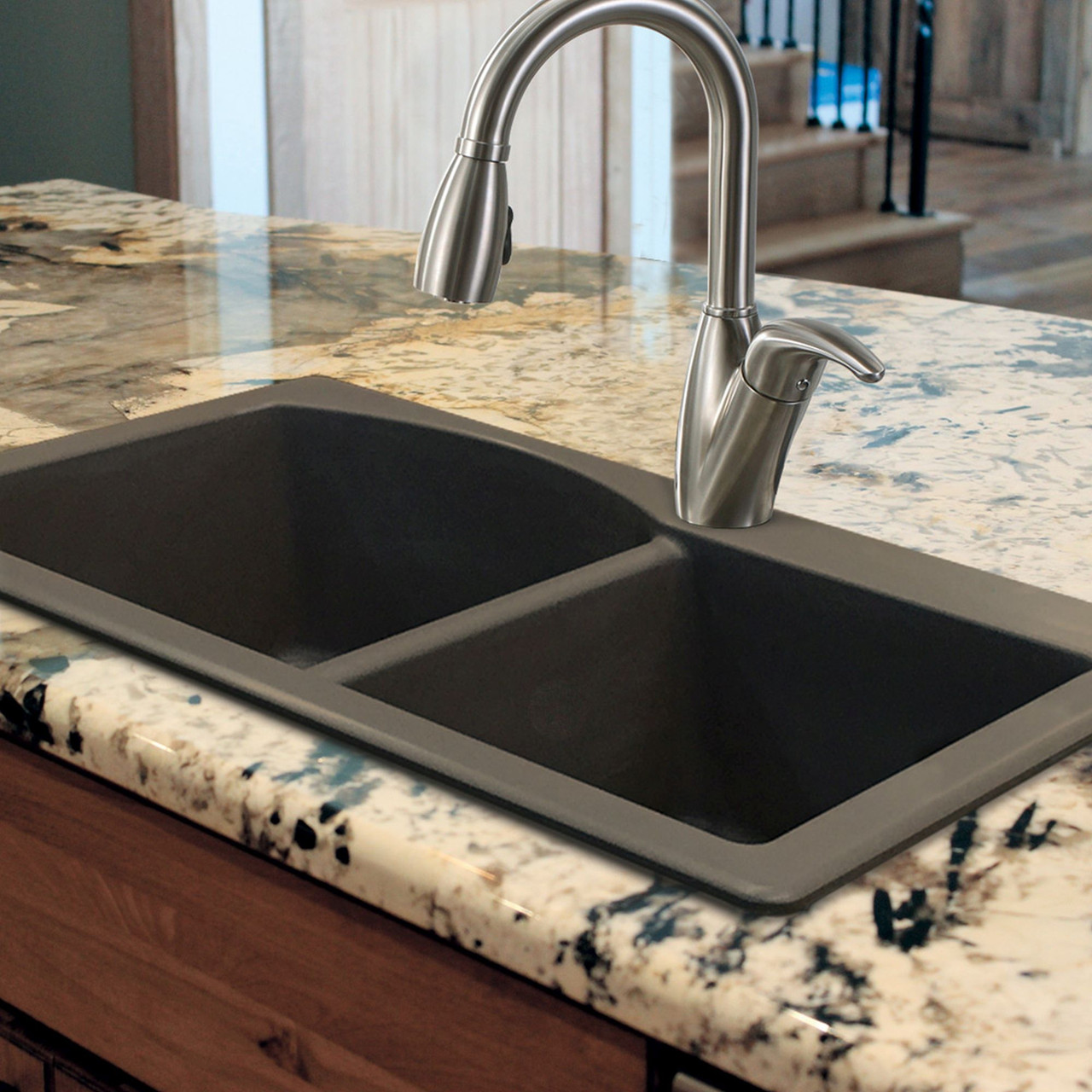 33-in X 22-in X 9.5-in silQ Granite Kitchen Sink with 1-3/4 D-Shaped Double Offset bowls, Drop-in Installation with 4 BCDE Faucet Holes, In Espresso