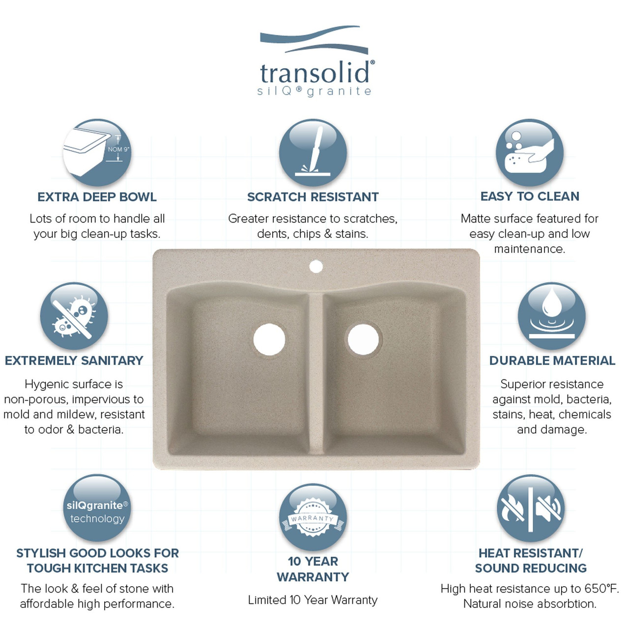 33-in x 22-in x 9.5-in silQ Granite Kitchen Sink with Double Equal bowls, Drop-in Installation with 1 Pre-Drilled Center Faucet Hole, in Café Latte