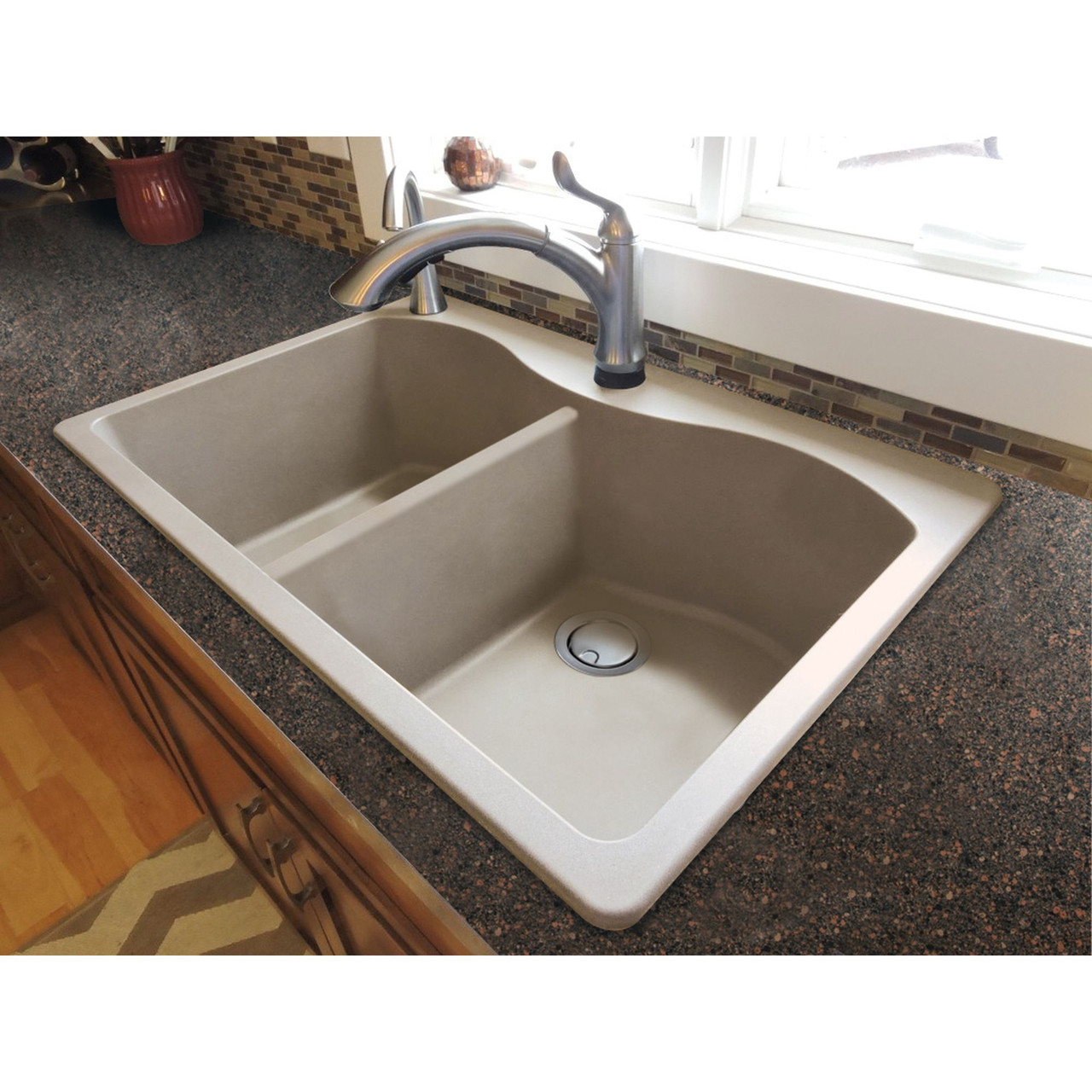 33-in X 22-in X 9.5-in silQ Granite Kitchen Sink with Double Equal bowls, Drop-in Installation with 4 CADE Faucet Holes, in Café Latte