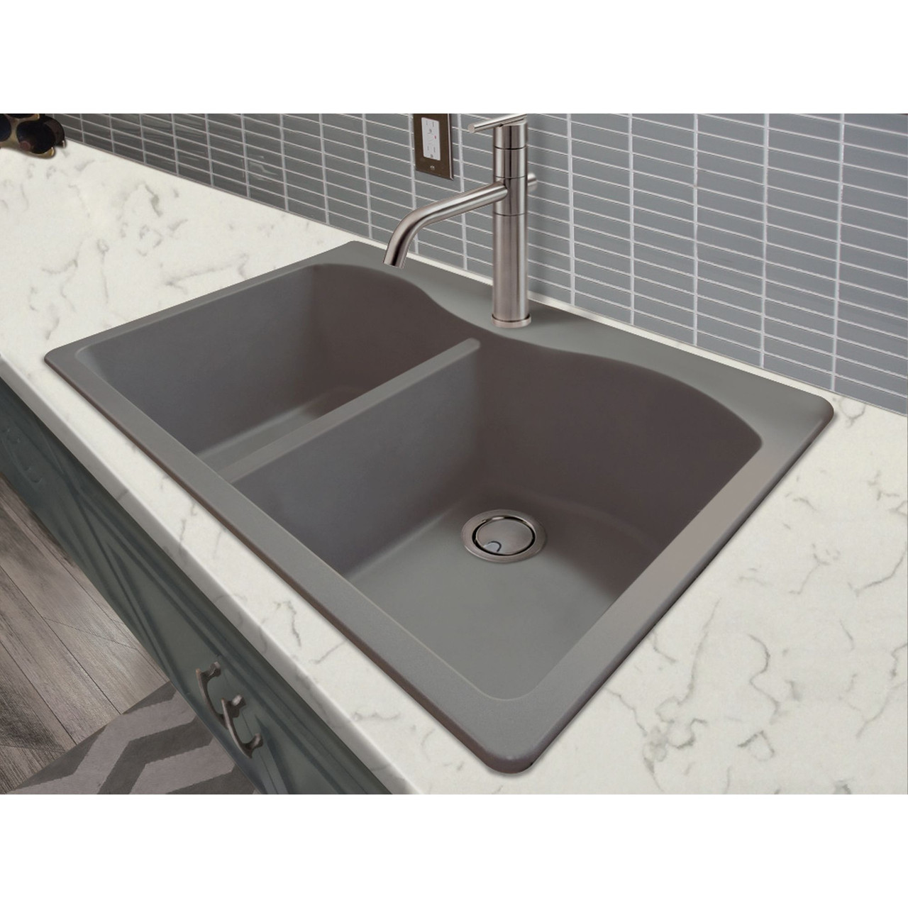 33-in X 22-in X 9.5-in silQ Granite Kitchen Sink with Double Equal bowls, Drop-in Installation with 5 CABDE Faucet Holes, in Grey