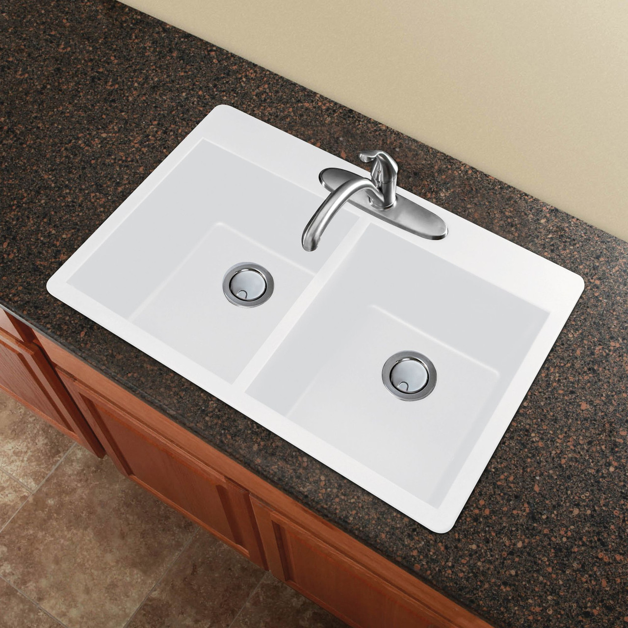 Transolid Radius 33in x 22in silQ Granite Drop-in Double Bowl Kitchen Sink with 3 CBE Faucet Holes, In White