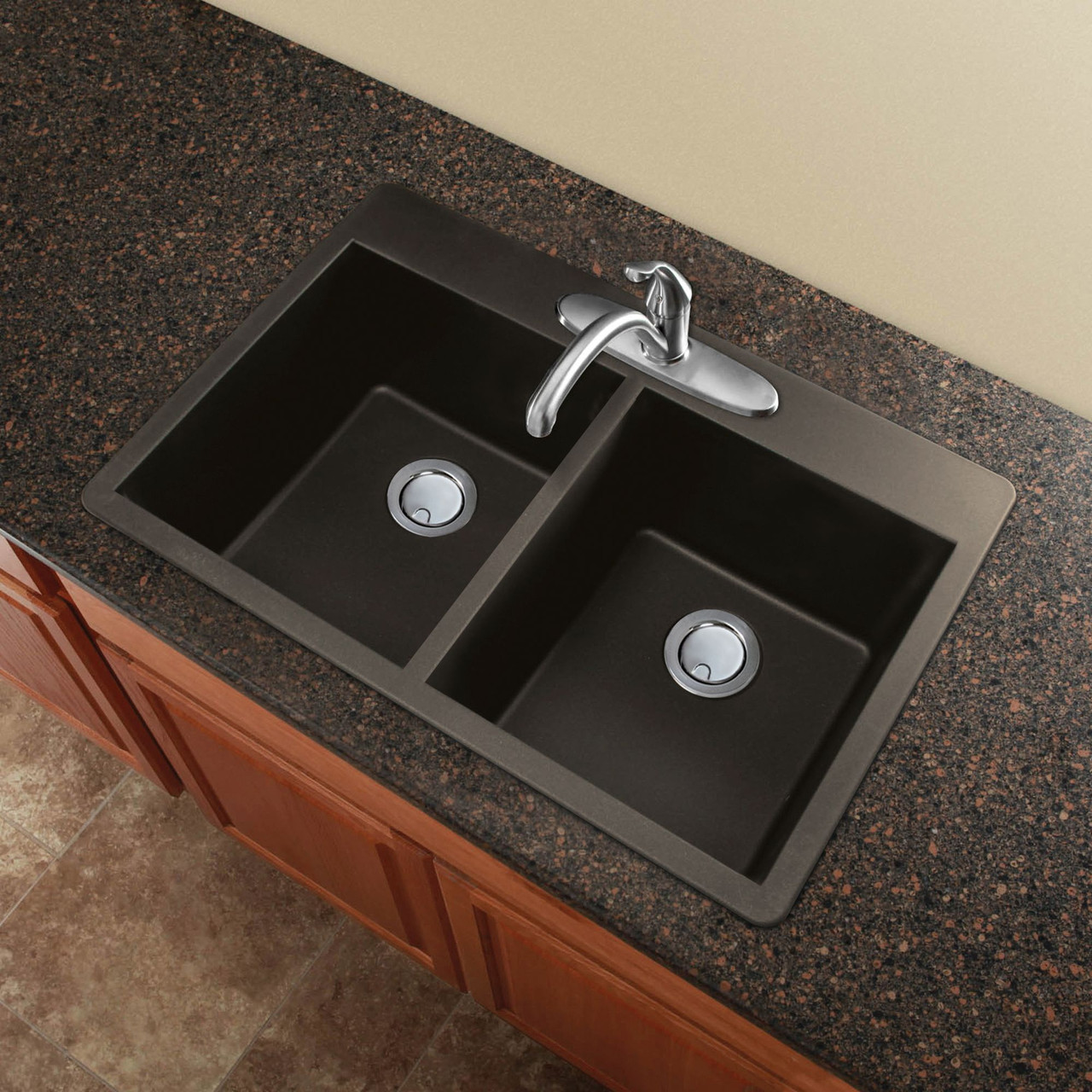 Transolid Radius 33in x 22in silQ Granite Drop-in Double Bowl Kitchen Sink with 3 CBE Faucet Holes, In Espresso