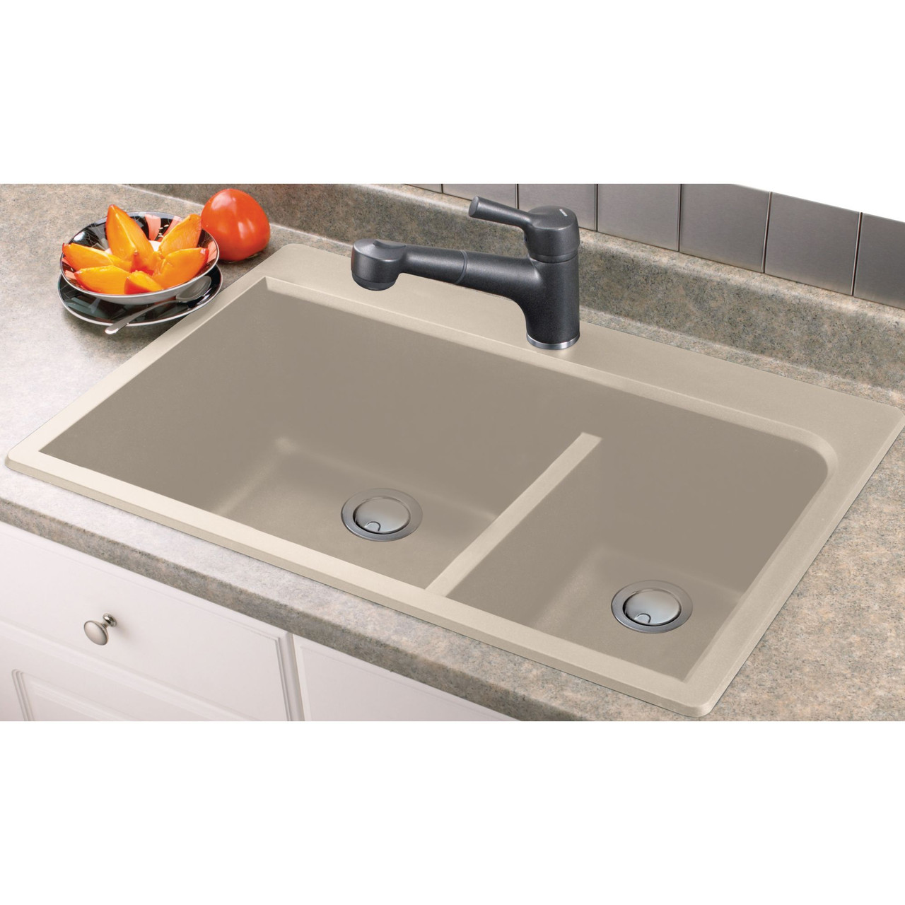 33-in X 22-in X 9.5-in silQ Granite Kitchen Sink with 1-3/4 J-Shaped Double Offset Bowls, Drop-in Installation, with 2 CE Faucet Holes, In Café Latte