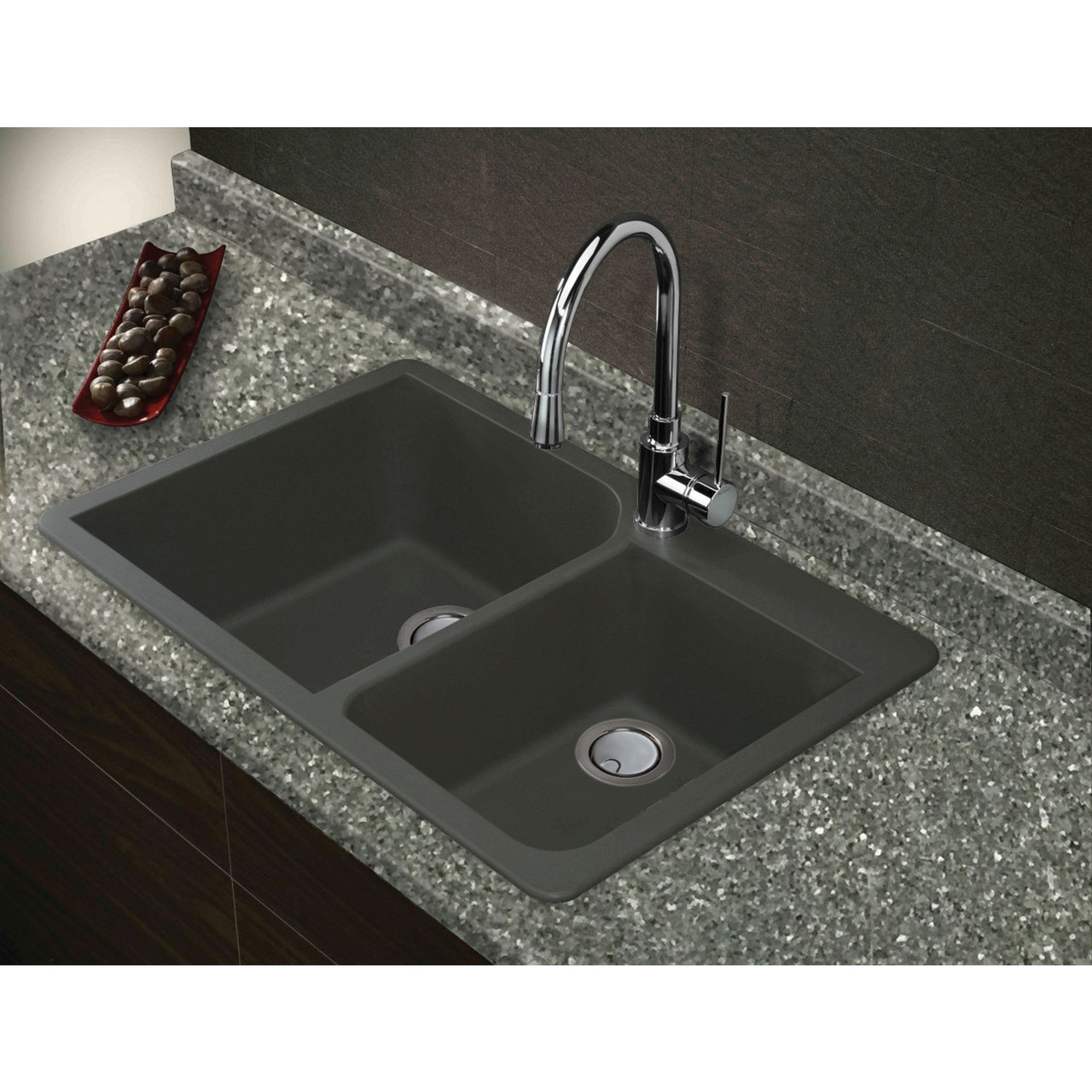 33-in x 22-in x 9.5-in silQ Granite Kitchen Sink with 1-3/4 Double Offset Bowls, Drop-in Installation, with 1 Pre-Drilled Faucet Hole, in Grey