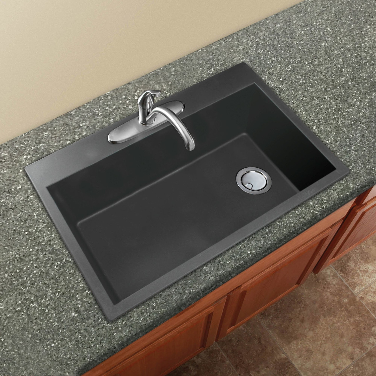 33-in X 22-in X 9.5-in silQ Granite Kitchen Sink with Super Single Offset Bowl, Drop-in Installation, with 3 CAD Faucet Holes, In Grey