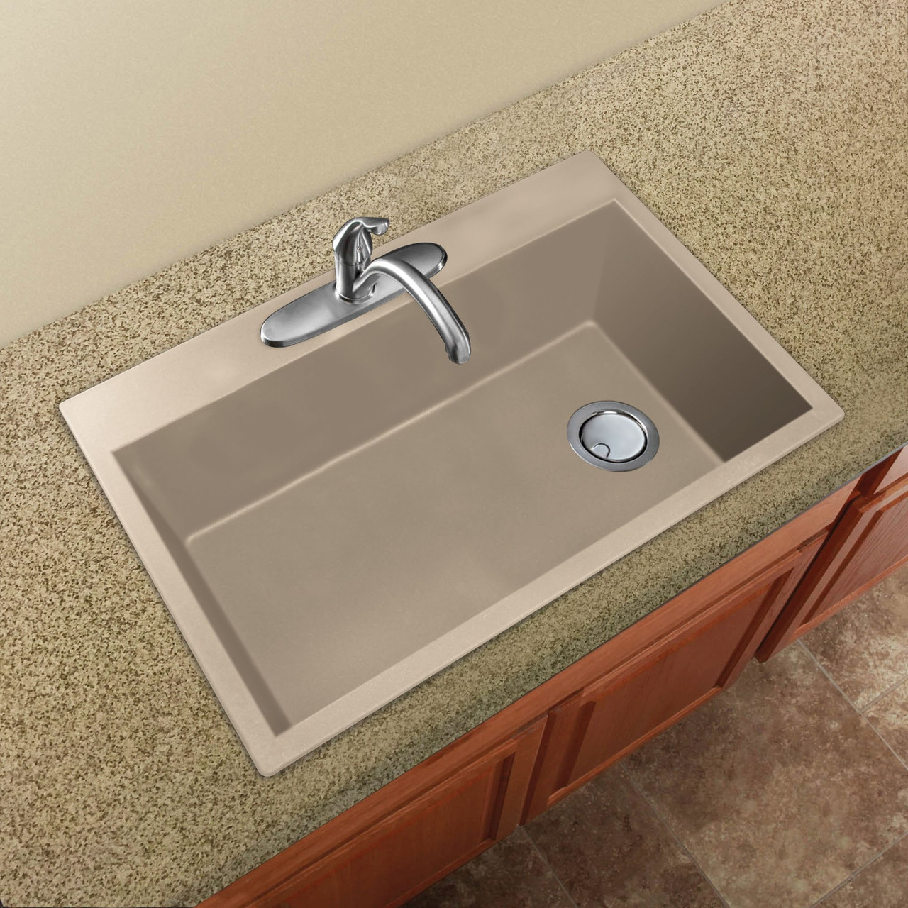 33-in X 22-in X 9.5-in silQ Granite Kitchen Sink with Super Single Offset Bowl, Drop-in Installation, with 3 CAE Faucet Holes, In Café Latte
