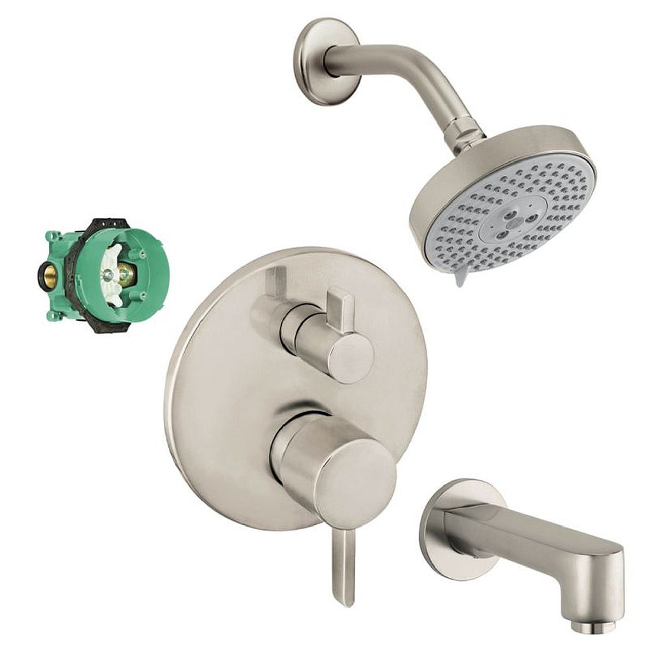 Hansgrohe KST04447-27457-13BN Raindance Shower Faucet Kit with Tub Spout PBV Trim with Diverter and Rough-in in Brushed Nickel