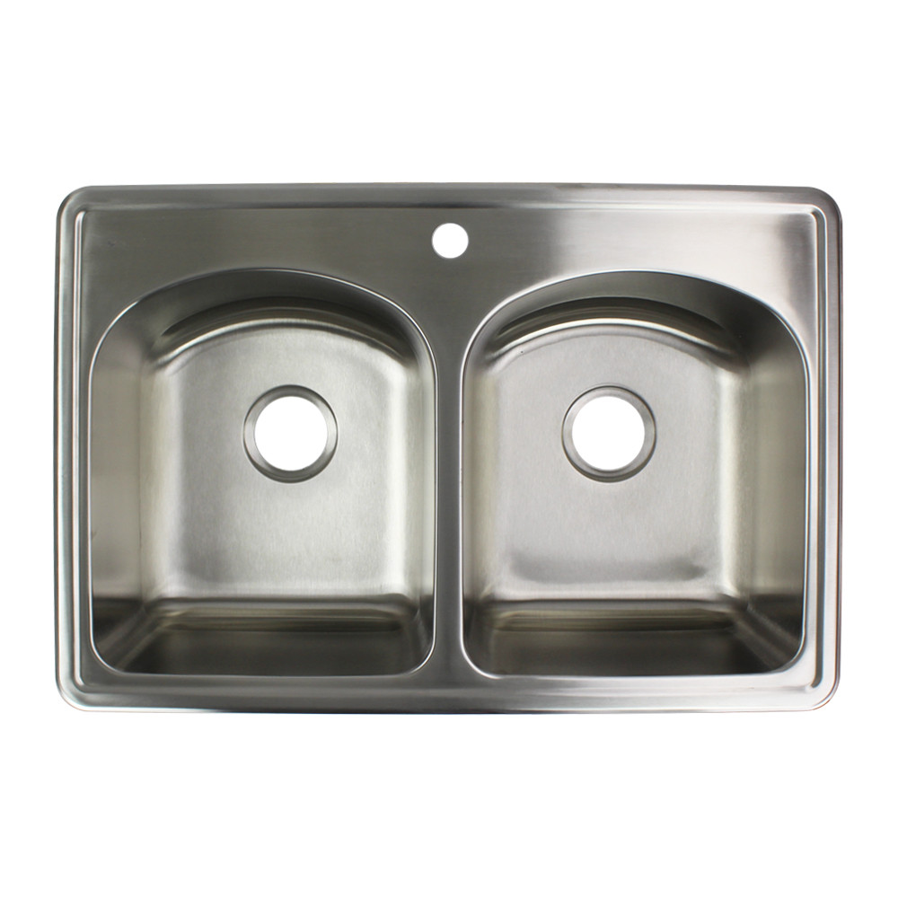 33-in x 22 1/64-in x 9-in 16 Gauge D-Shape Double Bowls, Stainless Steel Kitchen Sink, Drop-in Installation with MR2 Faucet Holes