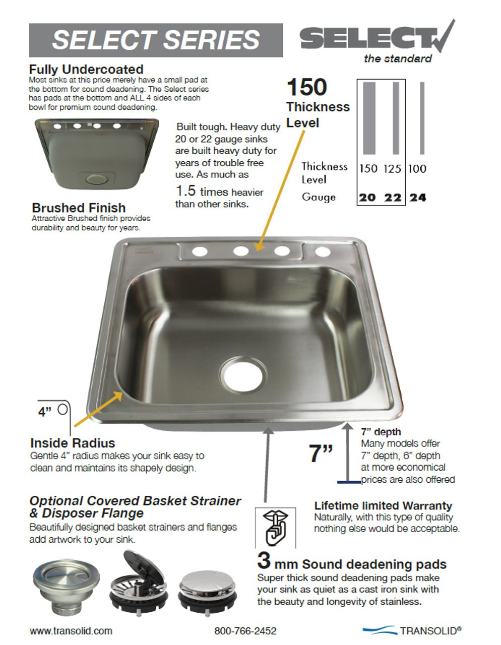 Transolid Select 25in x 22in 22 Gauge Drop-in Single Bowl Kitchen Sink with ML2 Faucet Holes