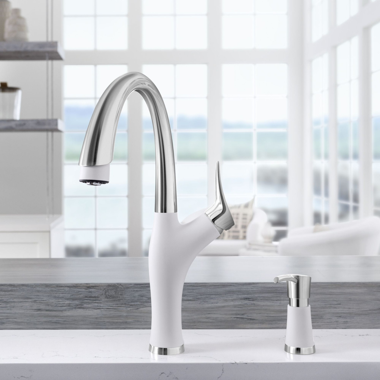 Kitchen Faucet With Pull-Down Spray 1.5 gpm in White/Stainless
