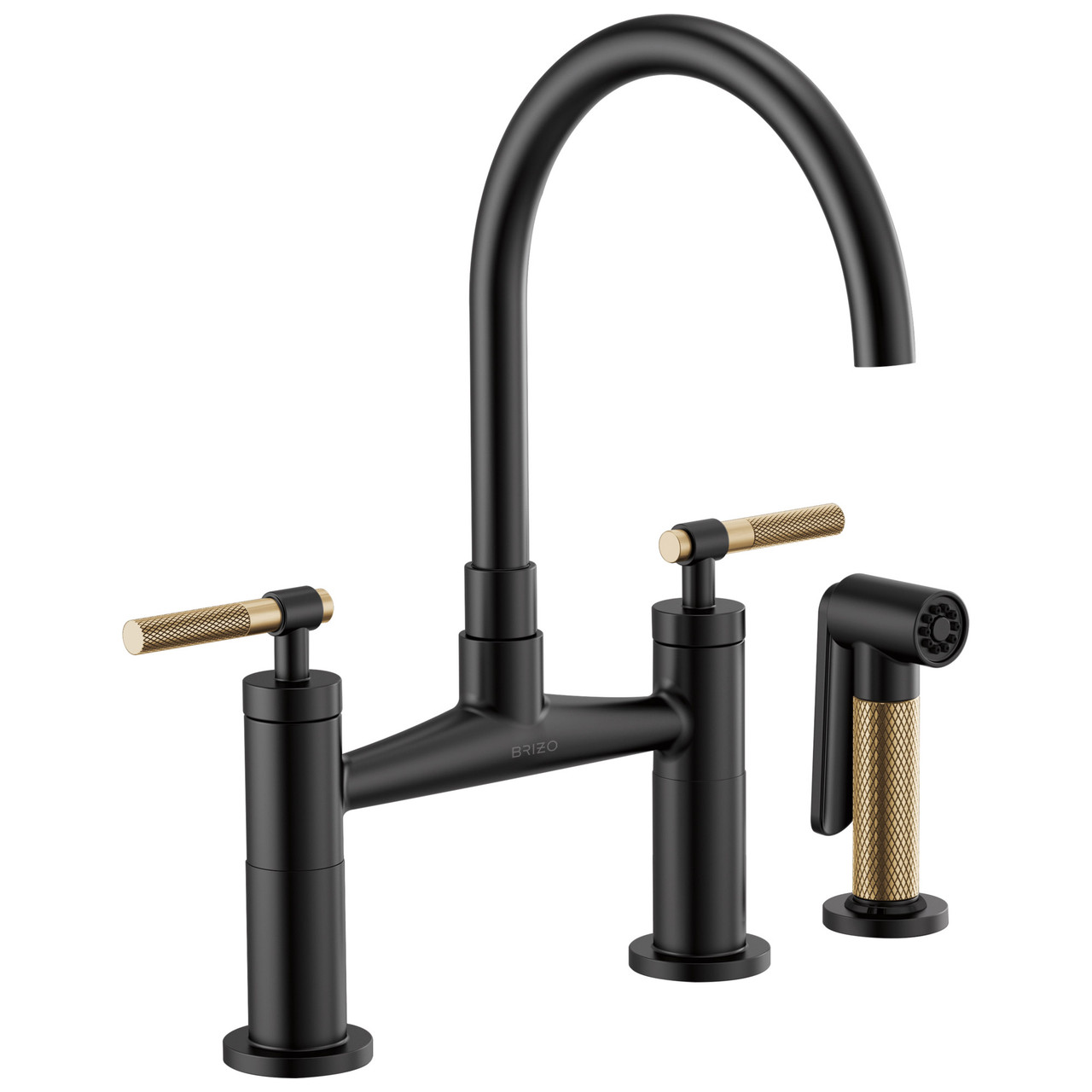 Bridge Faucet with Arc Spout and Knurled Handle in Matte Black/Luxe Gold Finish Bridge Faucet with Arc Spout and Knurled Handle in Matte Black/Luxe Gold Finish