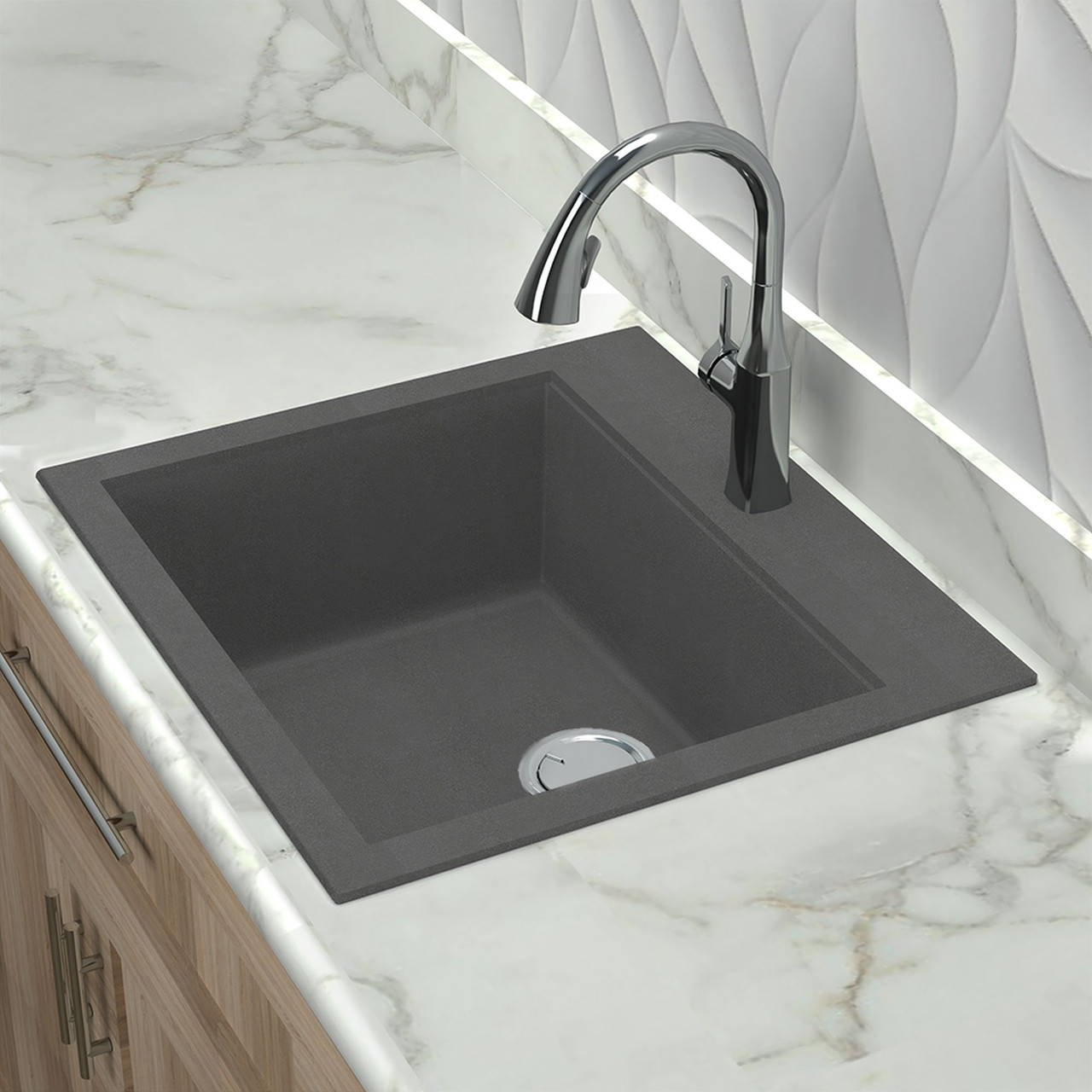 22-1/2in x 20in  x 8-1/2in silQ Granite Kitchen Sink with Single Bowl, Drop-in Installation, with 1 Pre-Drilled Faucet Hole, in Grey