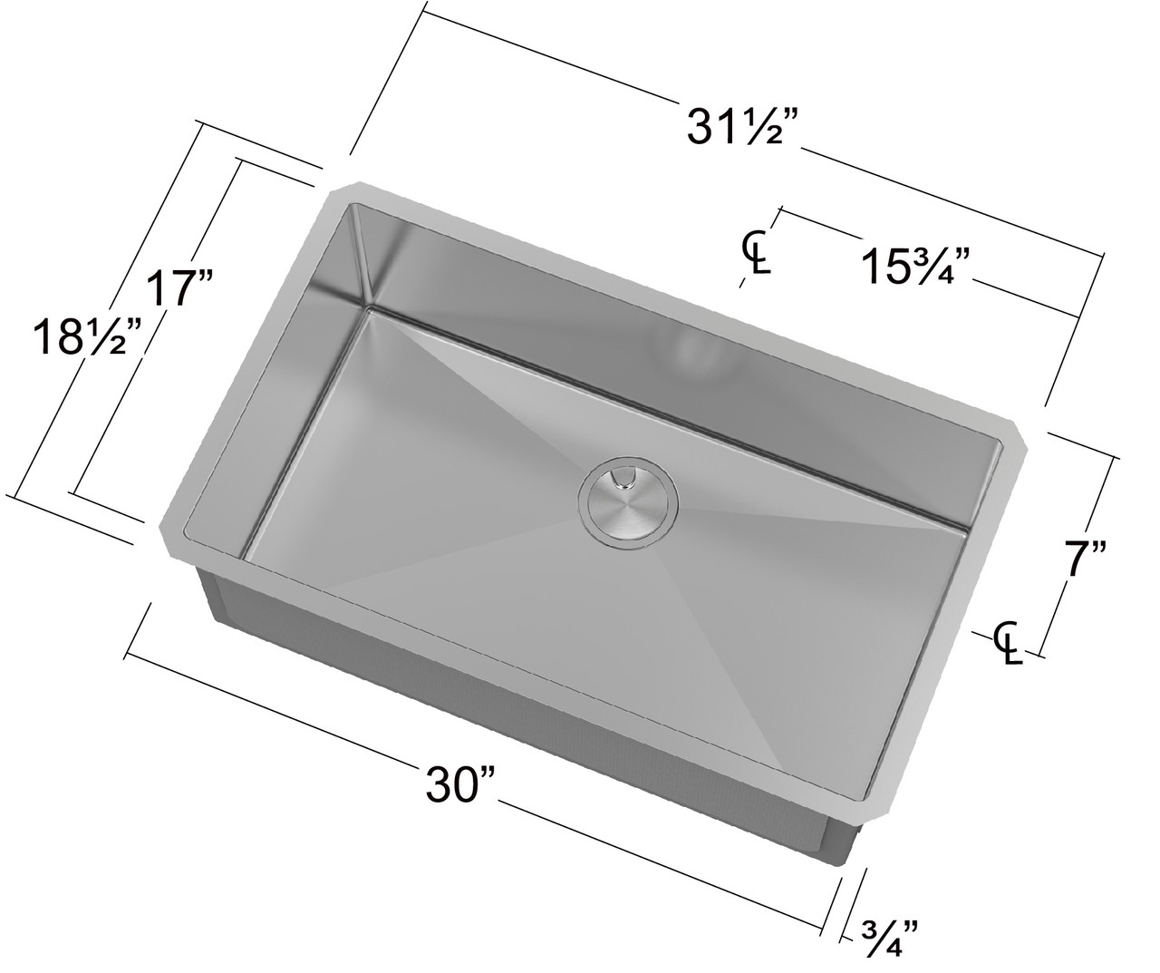 31.5-in x 18.5-in x 10-in 14 Gauge Super Single Bowl,  Undermount Stainless Steel Kitchen Sink