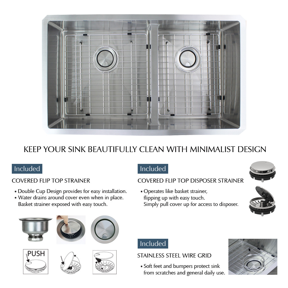 33-in x 19-in x 10-in 16 Gauge 60/40 Double Bowls, Undermount Stainless Steel Kitchen Sink with Low Divide