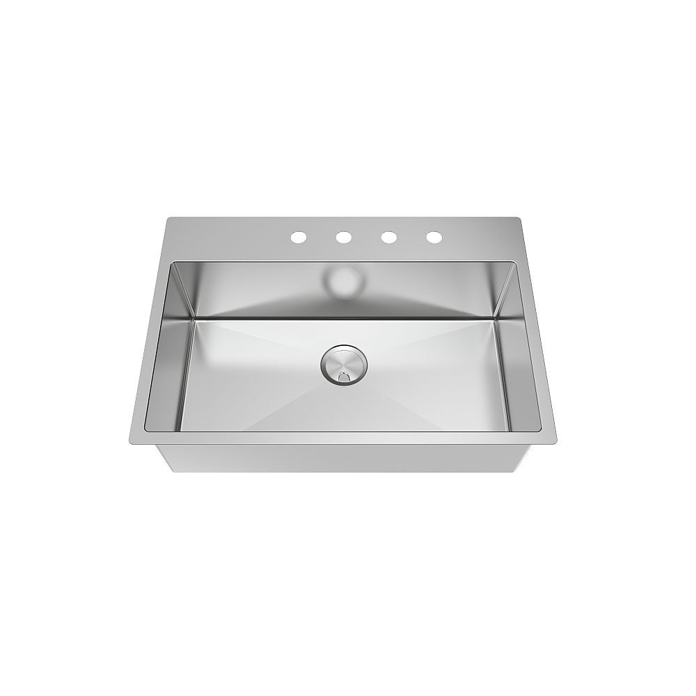 32-in x 22-in x 10-in 16 Gauge Super Single Bowl, Stainless Steel Kitchen Sink, Micro Edge Dual Mount Installation, with 3 Holes