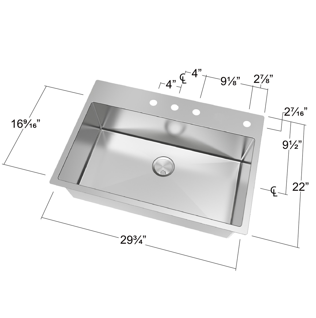 32-in x 22-in x 10-in 16 Gauge Super Single Bowl, Stainless Steel Kitchen Sink, Micro Edge Dual Mount Installation, with 3 Holes