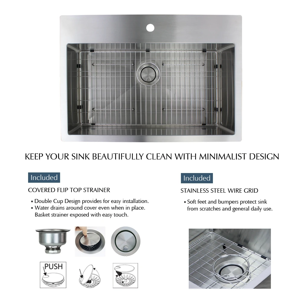 32-in x 22-in x 10-in 16 Gauge Super Single Bowl, Stainless Steel Kitchen Sink, Micro Edge Dual Mount Installation, with 3 Holes