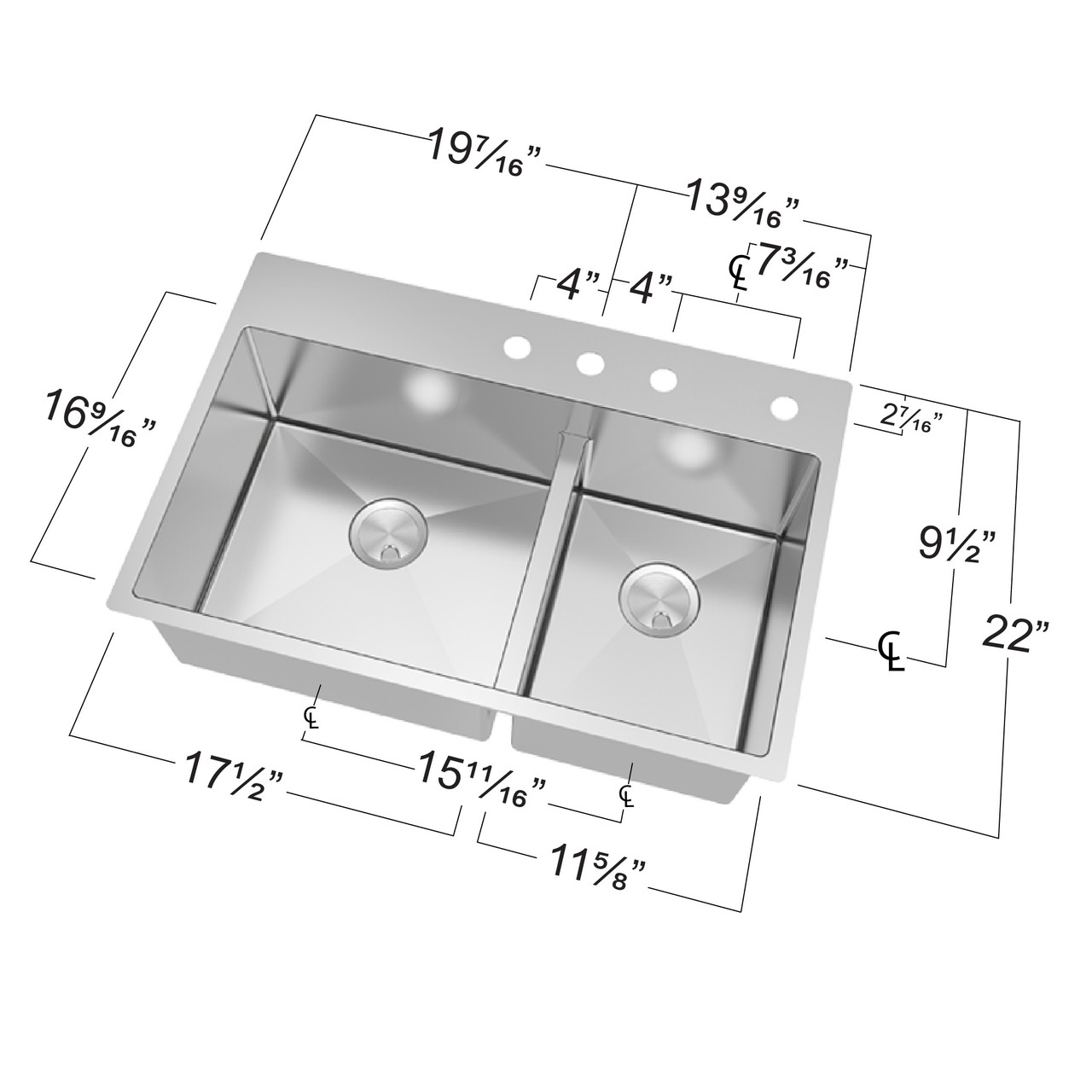 33-in x 22-in x 10-in 16 Gauge 60/40 Double Bowls, Stainless Steel Kitchen Sink with Low Divide, Micro Edge Dual Mount Installation, with FR2 Holes