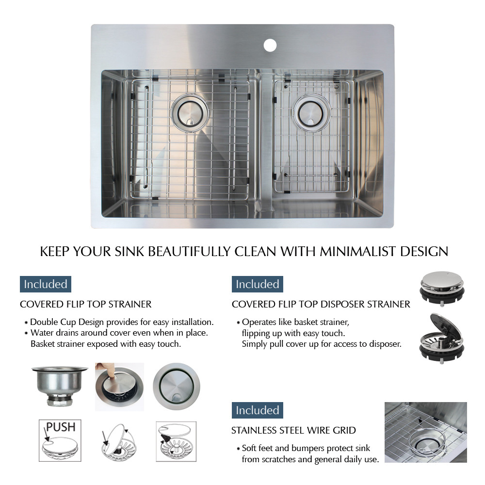 33-in x 22-in x 10-in 16 Gauge 60/40 Double Bowls, Stainless Steel Kitchen Sink with Low Divide, Micro Edge Dual Mount Installation, with 3 Holes