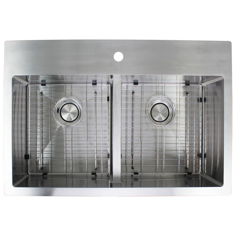 33-in x 22-in x 10-in 16 Gauge Double Equal Bowls, Stainless Steel Kitchen Sink with Low Divide, Micro Edge Dual Mount Installation, with MR2 Holes
