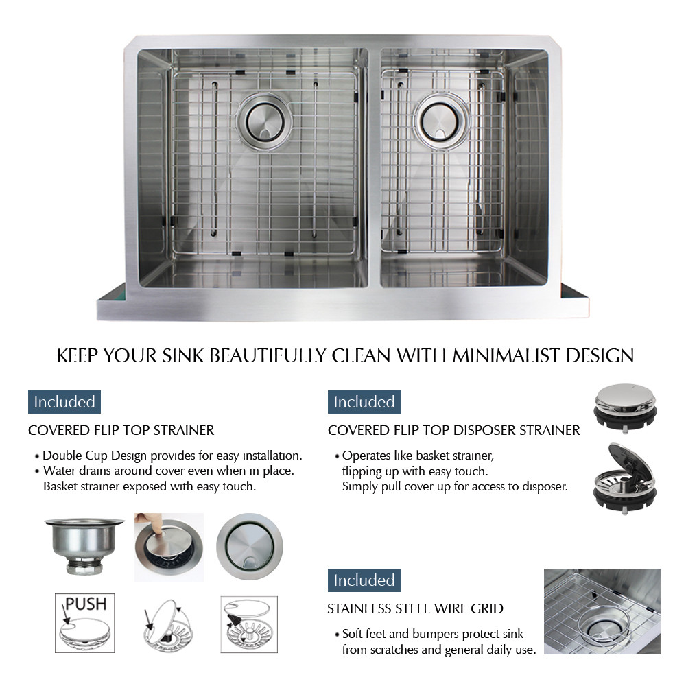 35.875-in x 20.25-in x 10-in 16 Gauge 60/40 Double Bowls, Farmhouse Stainless Steel Kitchen Sink with Low Divide, Undermount Installation