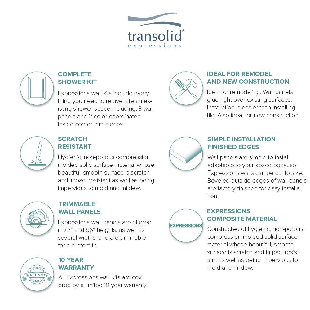 Transolid EWK363672-45 Expressions 36" X 36" X 72" 3-Piece Shower Wall Trimmable Kit, In Bleached Oak