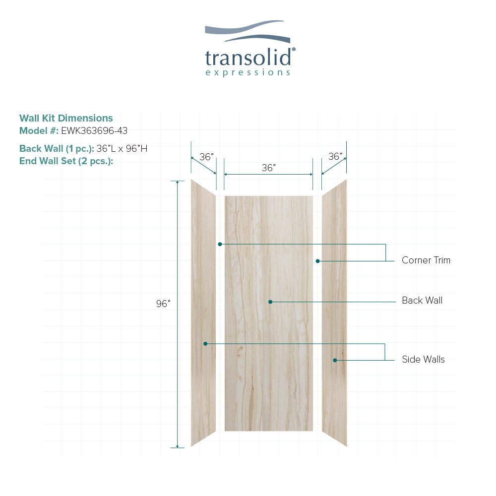 Transolid EWK363696-43 Expressions 36" X 36" X 96" 3-Piece Shower Wall Trimmable Kit, In Sorento
