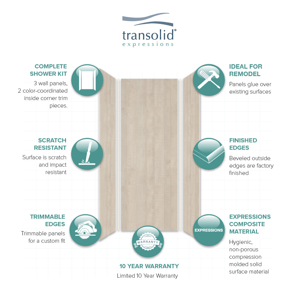 Transolid EWK363696-45 Expressions 36" X 36" X 96" 3-Piece Shower Wall Trimmable Kit, In Bleached Oak