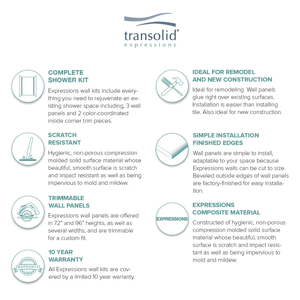 Transolid EWK363696-45 Expressions 36" X 36" X 96" 3-Piece Shower Wall Trimmable Kit, In Bleached Oak