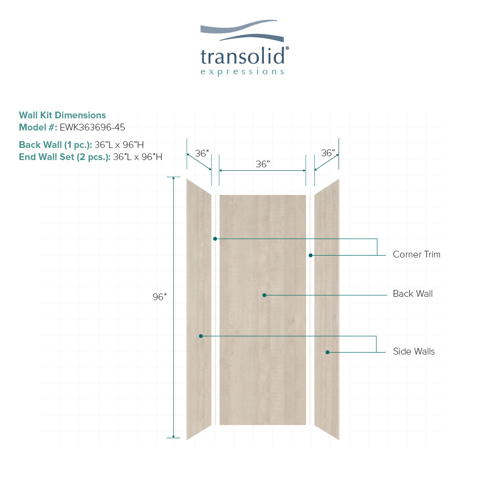 Transolid EWK363696-45 Expressions 36" X 36" X 96" 3-Piece Shower Wall Trimmable Kit, In Bleached Oak