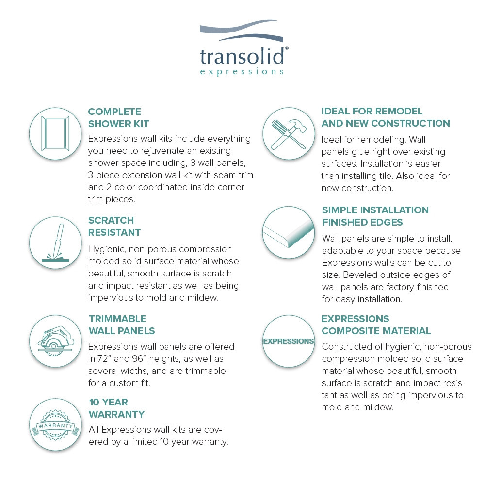 Transolid EWKX363696-45 Expressions 36" X 36" X 96" 6-Piece Shower Wall Trimmable Kit with Extension Kit, In Bleached Oak