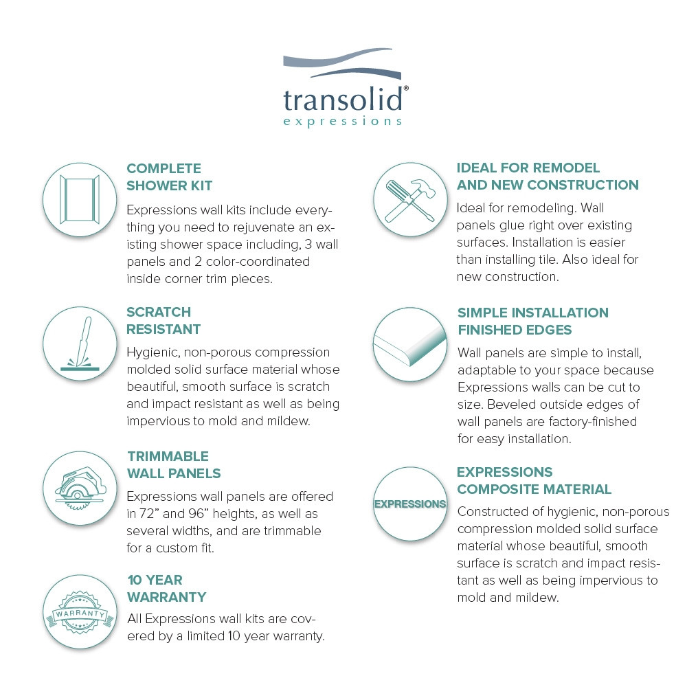 Transolid EWK483696-39 Expressions 36" X 48" X 96" 3-Piece Shower Wall Trimmable Kit, In Grey