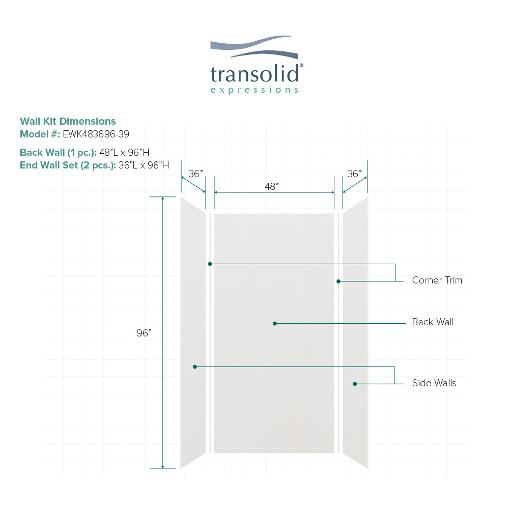 Transolid EWK483696-39 Expressions 36" X 48" X 96" 3-Piece Shower Wall Trimmable Kit, In Grey