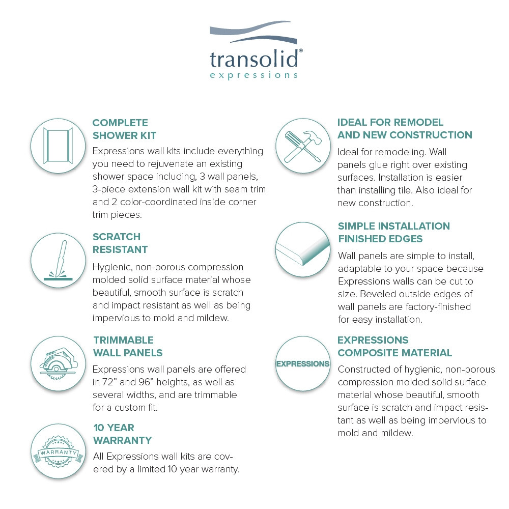Transolid EWKX483696-31 Expressions 36" X 48" X 96" 6-Piece Shower Wall Trimmable Kit with Extension Kit, In White