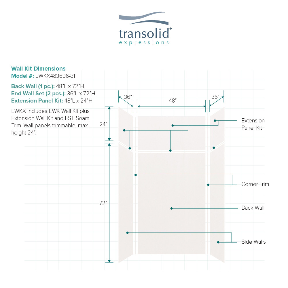 Transolid EWKX483696-31 Expressions 36" X 48" X 96" 6-Piece Shower Wall Trimmable Kit with Extension Kit, In White