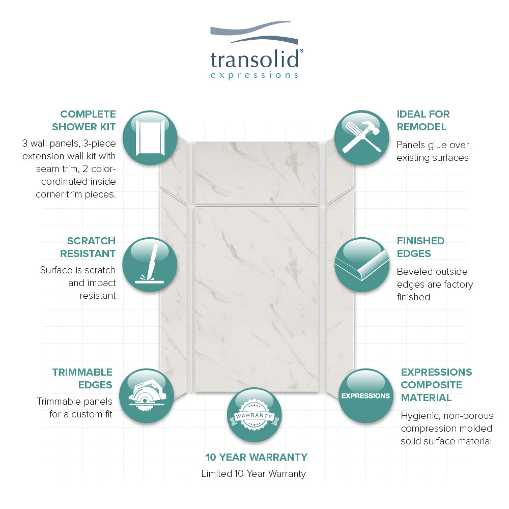 Transolid EWKX483696-41 Expressions 36" X 48" X 96" 6-Piece Shower Wall Trimmable Kit with Extension Kit, In Bianca