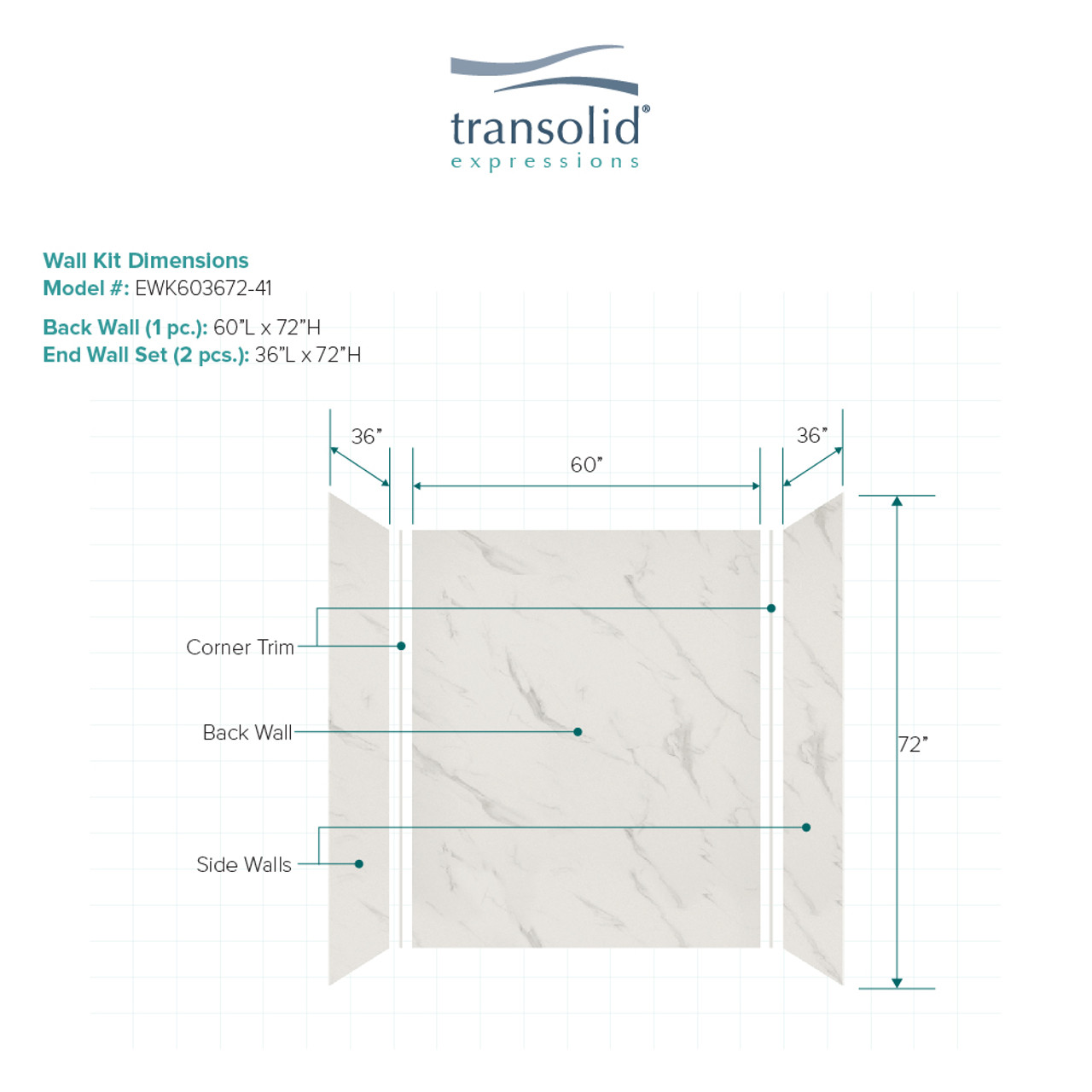 Transolid EWK603672-41 Expressions 36" X 60" X 72" 3-Piece Tub/Shower Wall Kit, In Bianca