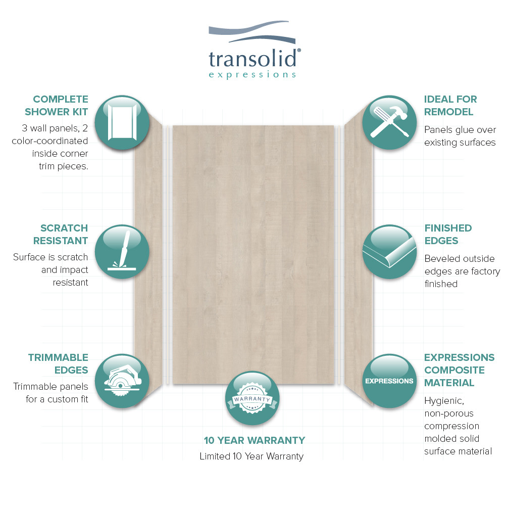 Transolid EWK603696-45 Expressions 36" X 60" X 96" 3-Piece Tub/Shower Wall Kit, In Bleached Oak