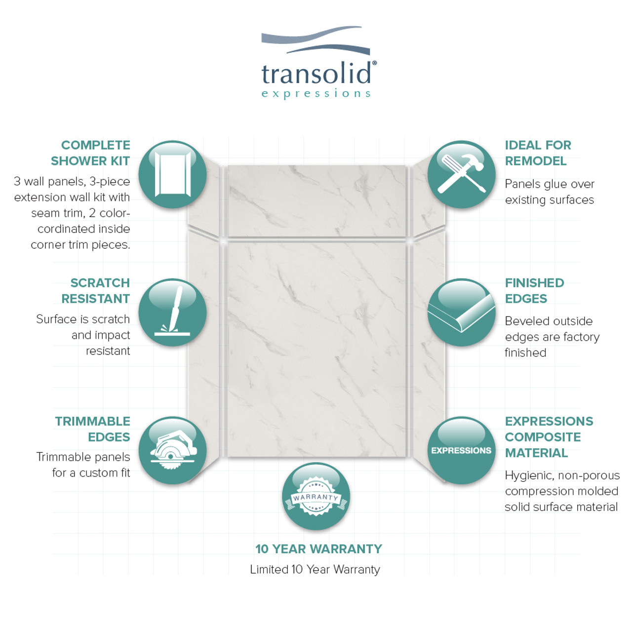 Transolid EWKX603696-41 Expressions 36" X 60" X 96" 6-Piece Tub/Shower Wall Kit with Extension Kit, In Bianca
