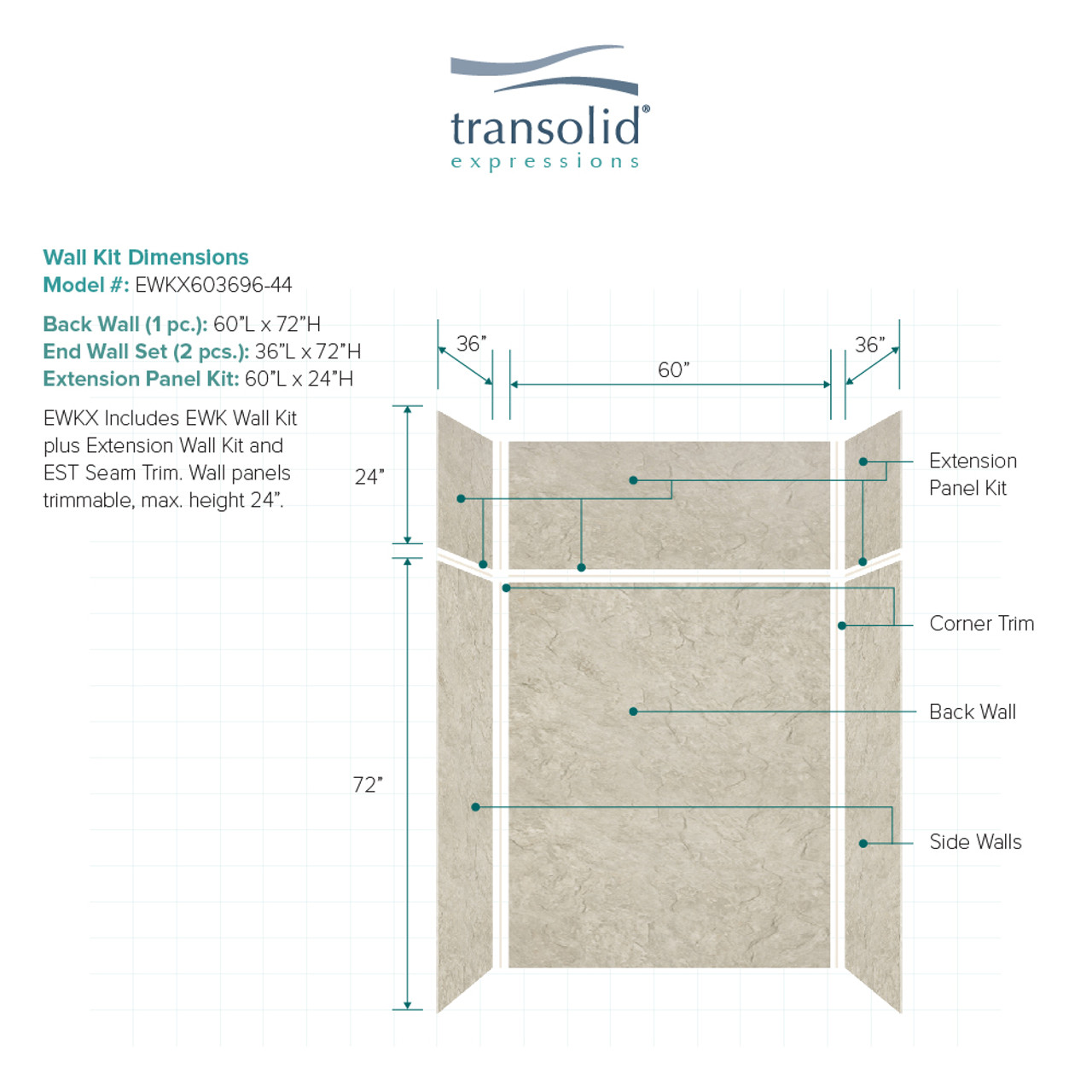 Transolid EWKX603696-44 Expressions 36" X 60" X 96" 6-Piece Tub/Shower Wall Kit with Extension Kit, In Sea Fog